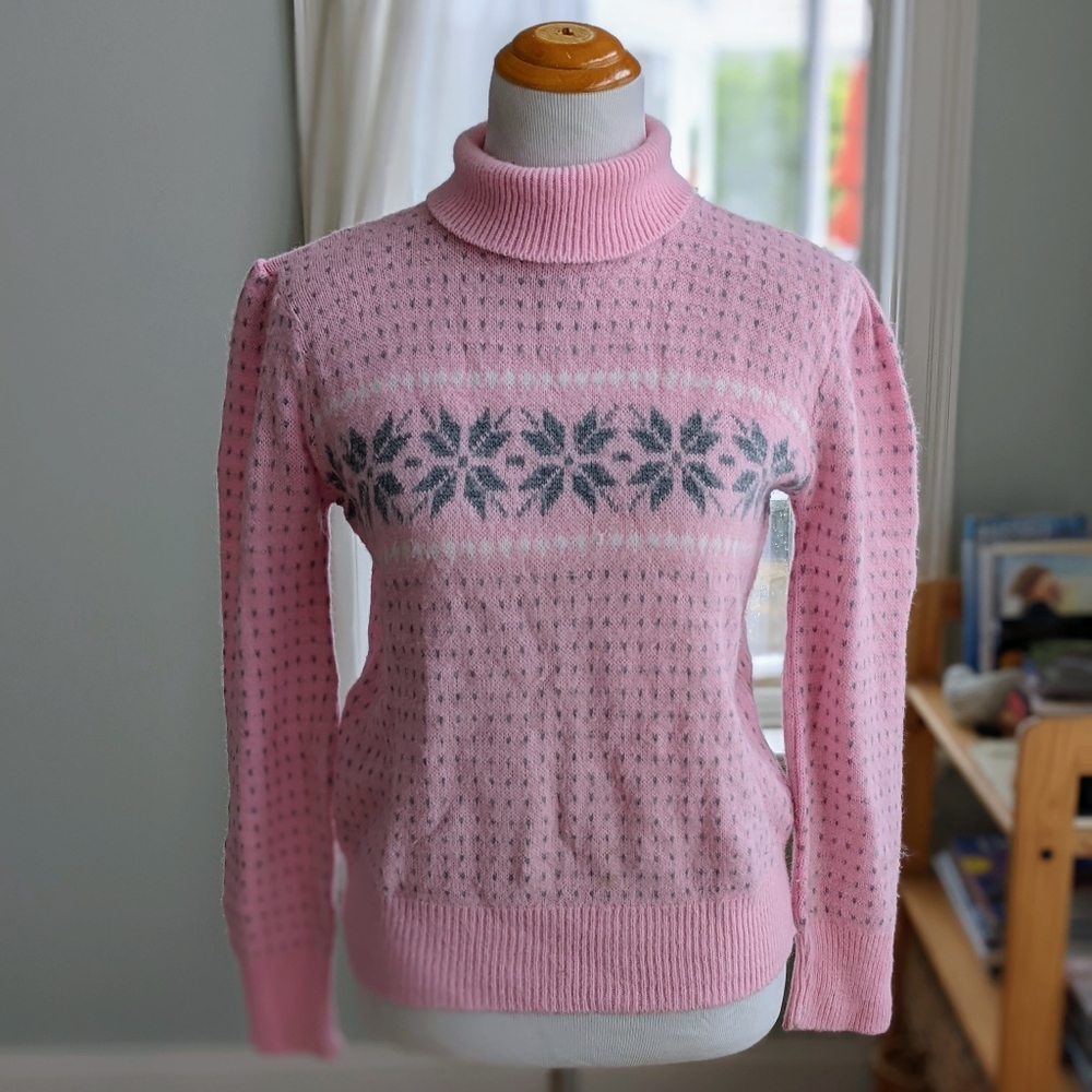 Vintage Soft 70s 80s Kawaii Snowflake Fair Isle Flowers Pastel Sweater Pink Med.